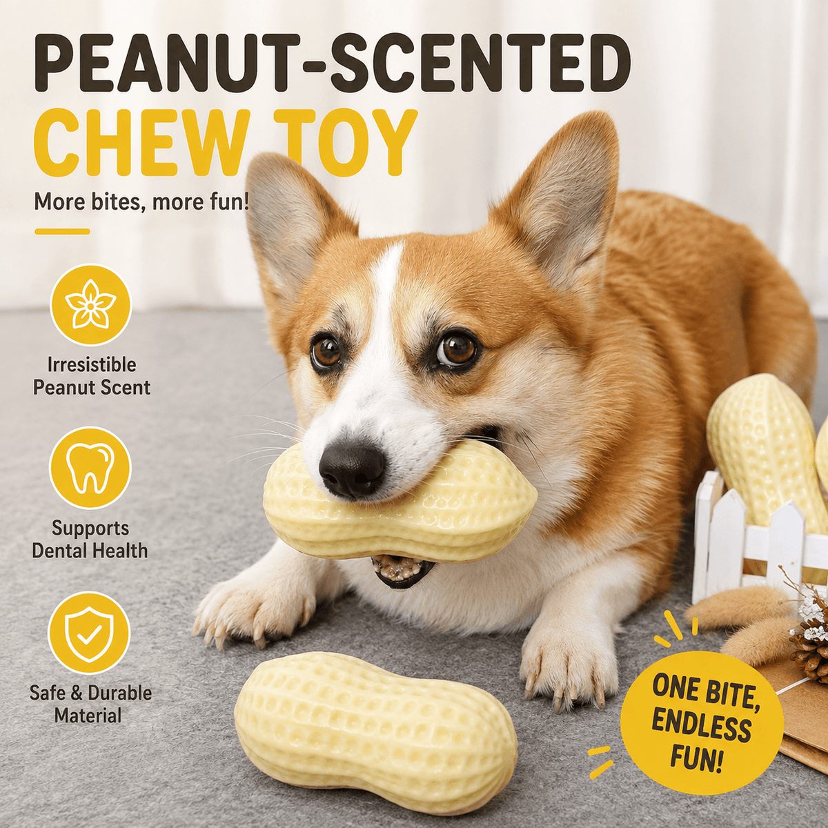 Squeaky Peanut Dog Chew Toy & Textured Dental Toy for Boredom & Interactive Play