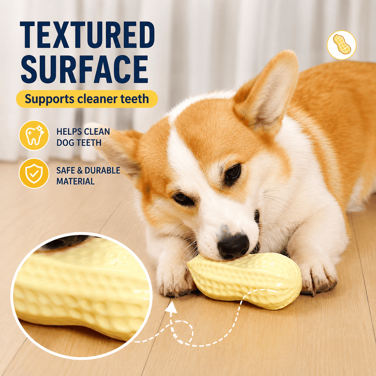 Squeaky Peanut Dog Chew Toy & Textured Dental Toy for Boredom & Interactive Play