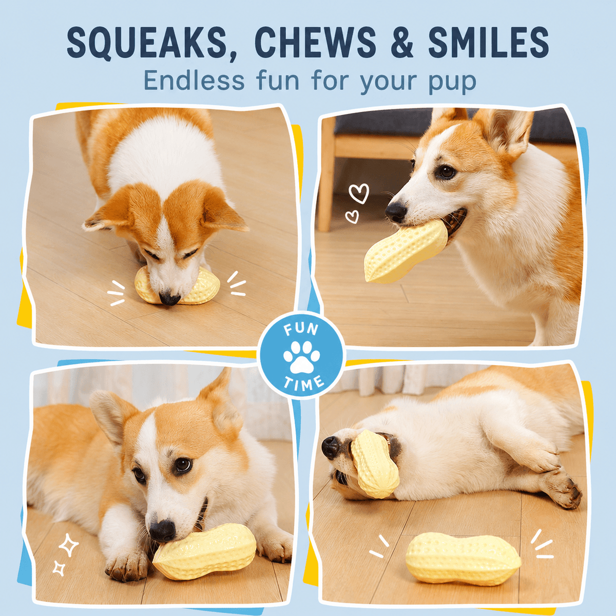 Squeaky Peanut Dog Chew Toy & Textured Dental Toy for Boredom & Interactive Play