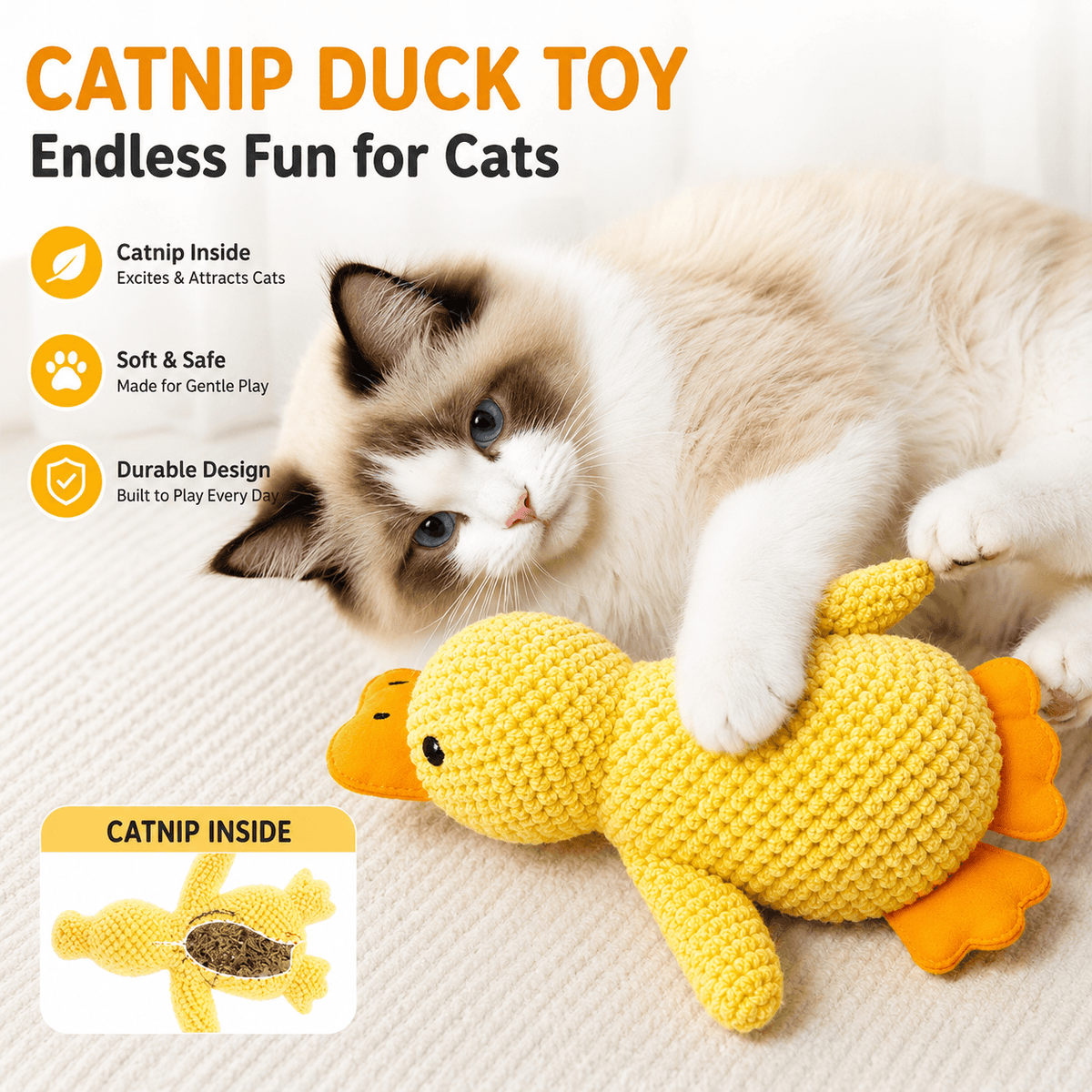 Catnip Duck Toy & Crinkle Plush Cat Toy for Kicking, Biting & Interactive Play