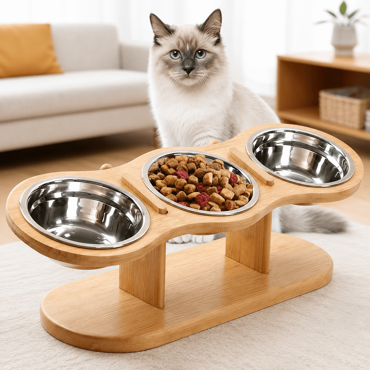 Elevated Bamboo Pet Feeder & 3-Bowl Feeding Station for Cats & Small Dogs