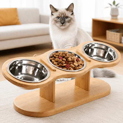 Elevated Bamboo Pet Feeder & 3-Bowl Feeding Station for Cats & Small Dogs