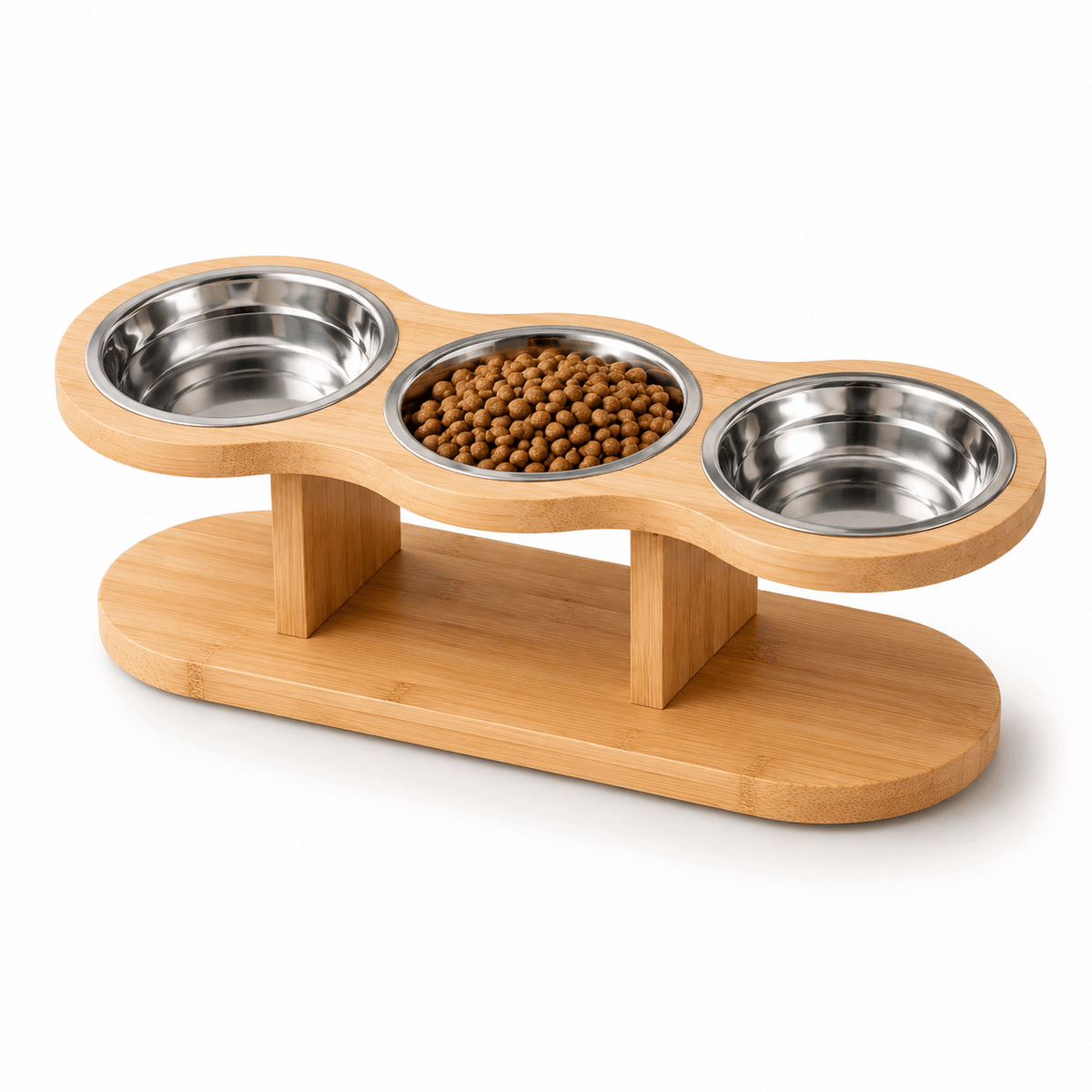 Elevated Bamboo Pet Feeder & 3-Bowl Feeding Station for Cats & Small Dogs