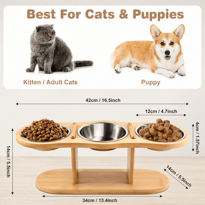 Elevated Bamboo Pet Feeder & 3-Bowl Feeding Station for Cats & Small Dogs