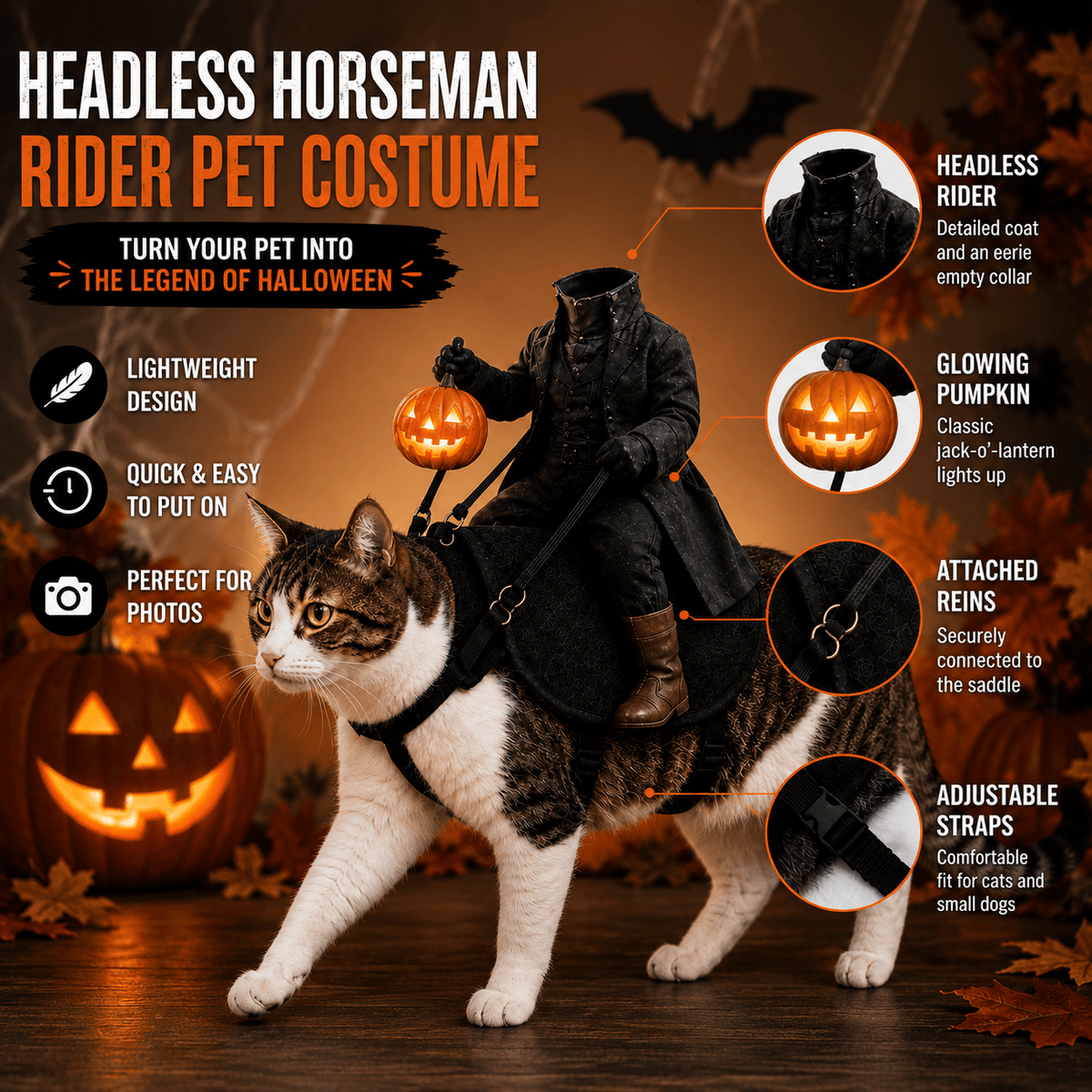 Headless Horseman Cat Costume & Funny 3D Halloween Pet Costume
