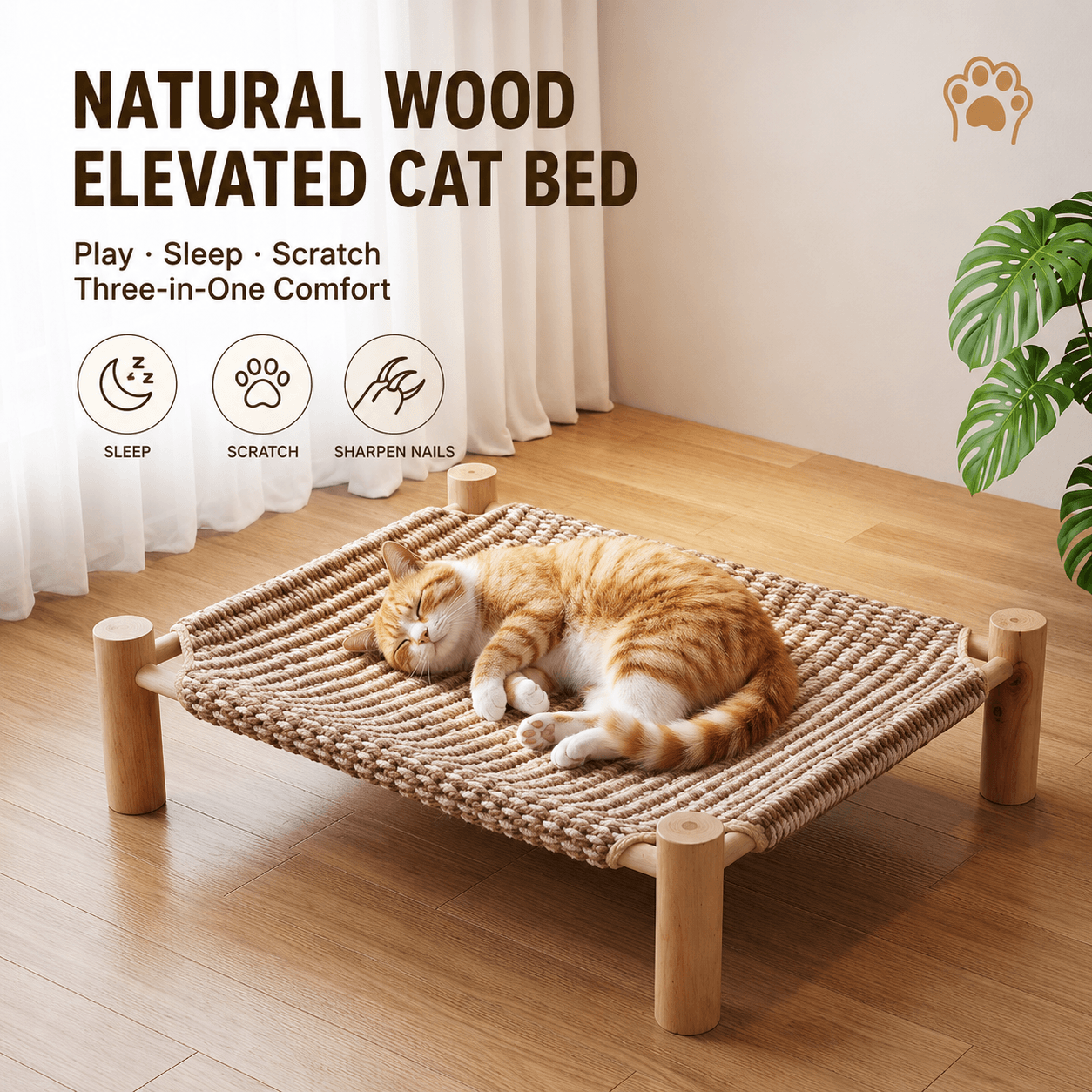 Elevated Cat Scratching Bed with Solid Pine Wood Frame - view 2