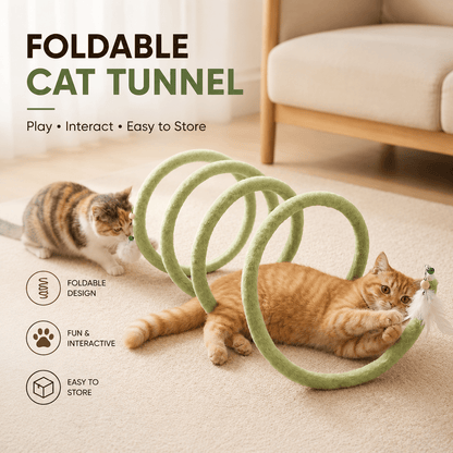Foldable Spring Cat Tunnel with Interactive Feather Toys
