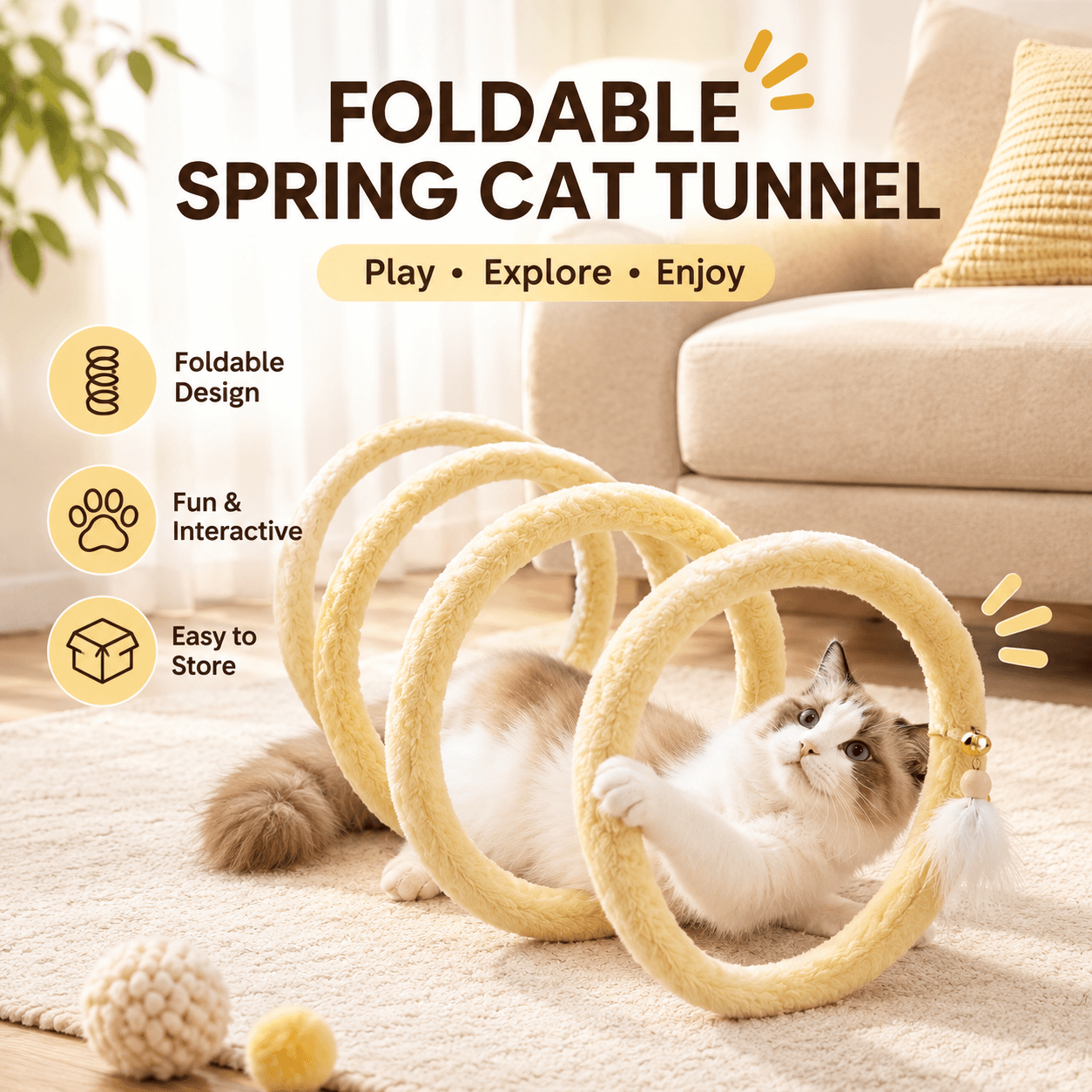 Foldable Spring Cat Tunnel with Interactive Feather Toys