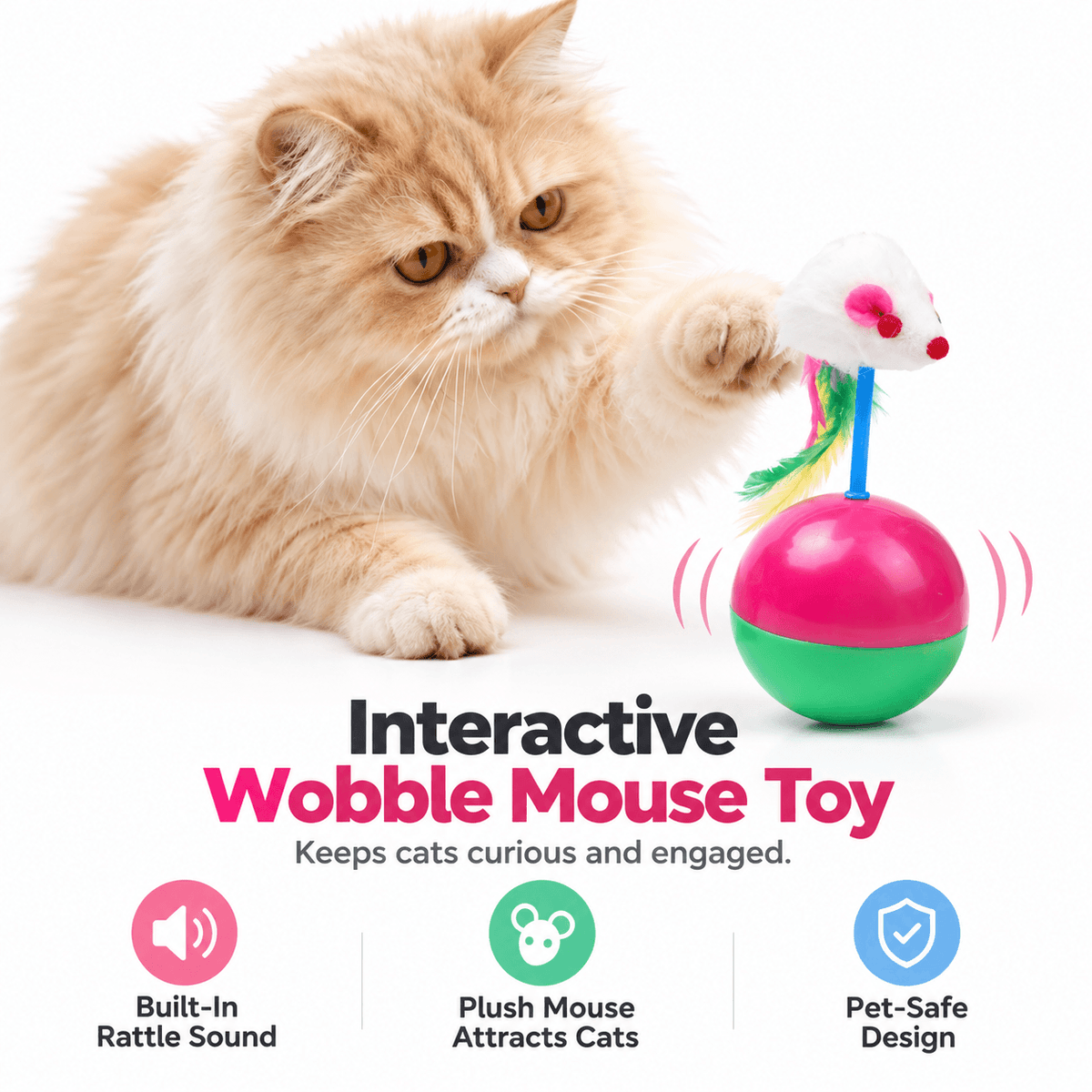 Tumbler Mouse Cat Toy & Wobble Interactive Toy with Sound & Feathers