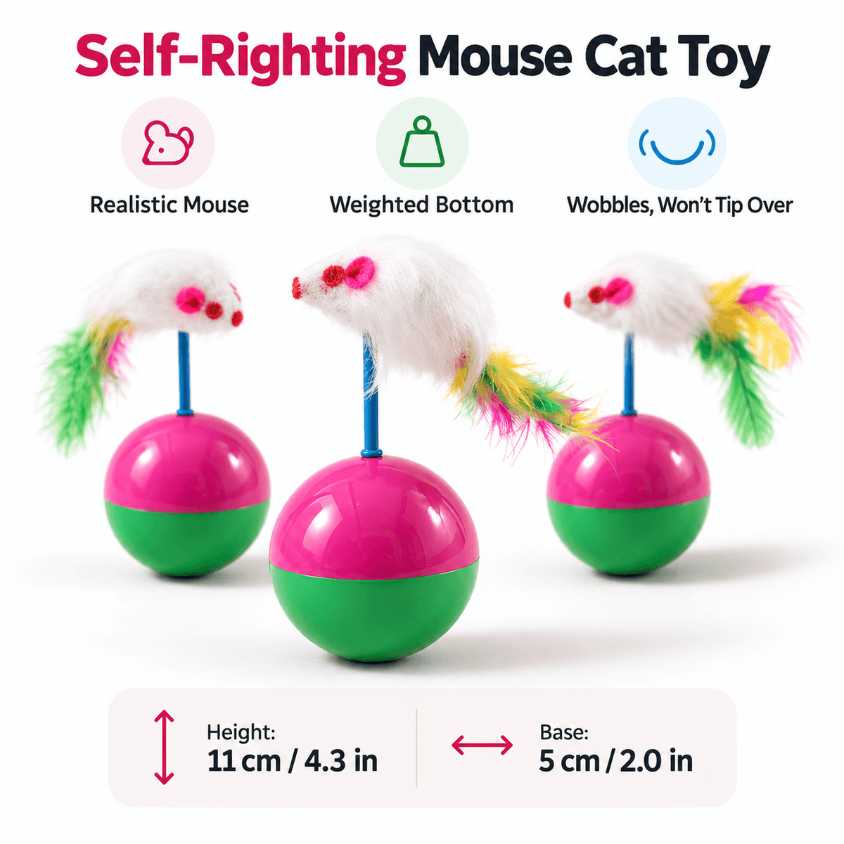 Tumbler Mouse Cat Toy & Wobble Interactive Toy with Sound & Feathers