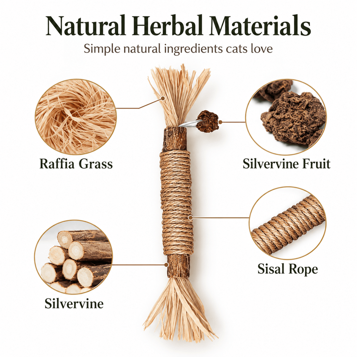 Natural Silvervine Cat Chew Stick with Sisal Rope & Raffia