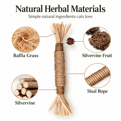 Natural Silvervine Cat Chew Stick with Sisal Rope & Raffia