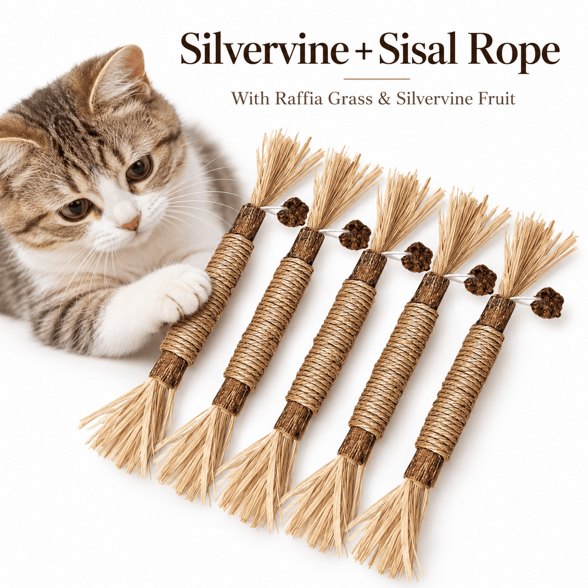 Natural Silvervine Cat Chew Stick with Sisal Rope & Raffia
