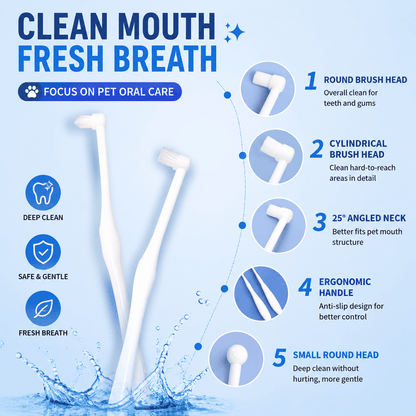 Pet Dental Toothbrush 2-Pack & Flat & Pointed Brush Heads for Cat & Dog Teeth Cleaning