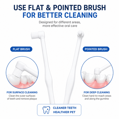 Pet Dental Toothbrush 2-Pack & Flat & Pointed Brush Heads for Cat & Dog Teeth Cleaning