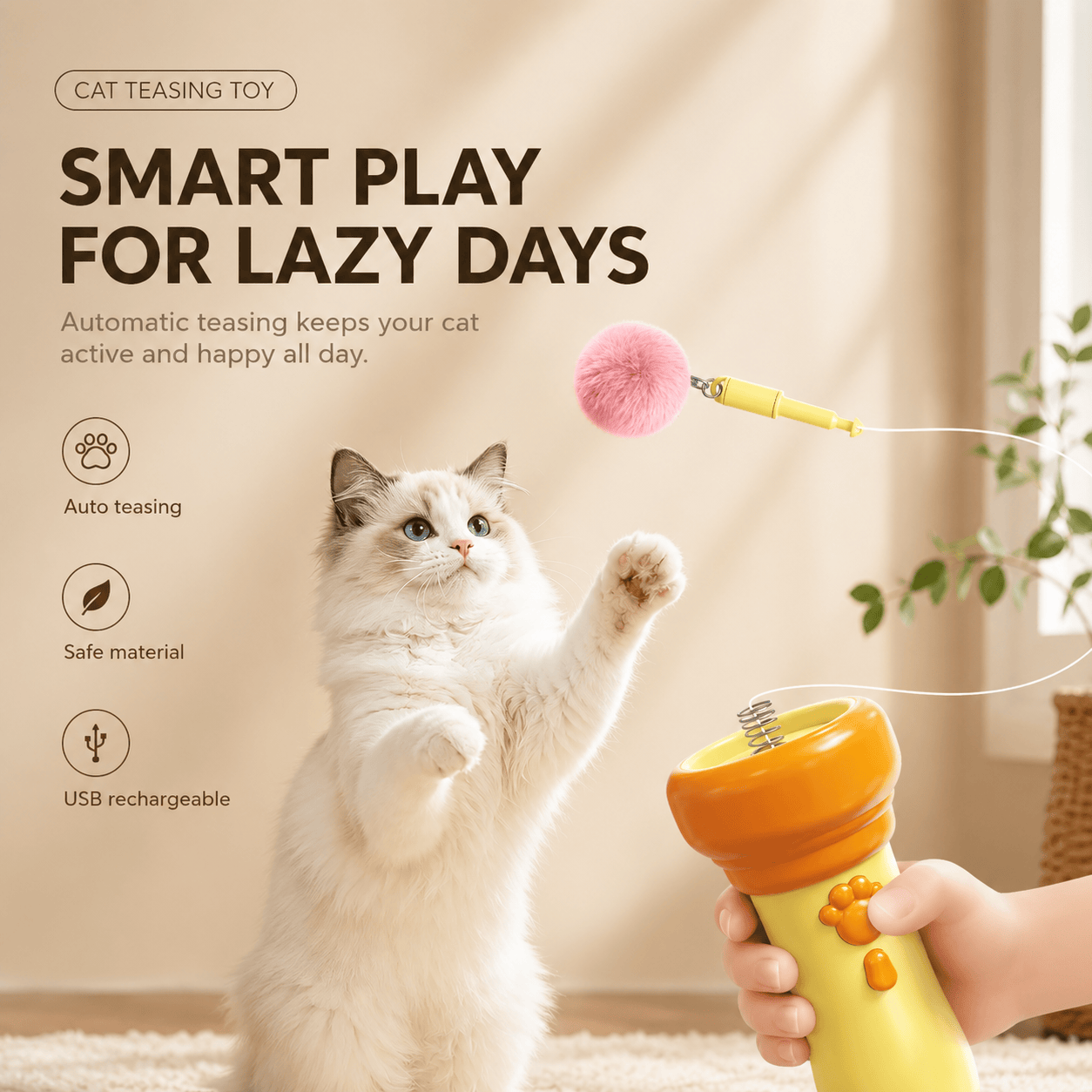 Electric Cat Teaser Toy - Auto Wand with Plush Ball for Indoor Cats