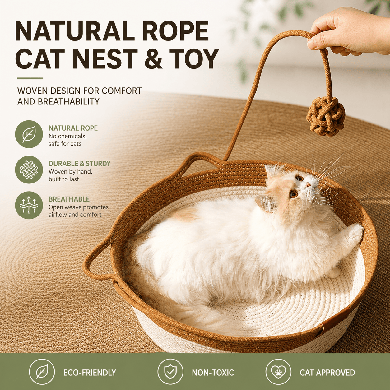 Handwoven Cotton Rope Cat Basket Bed with Scratcher and Hanging Toy