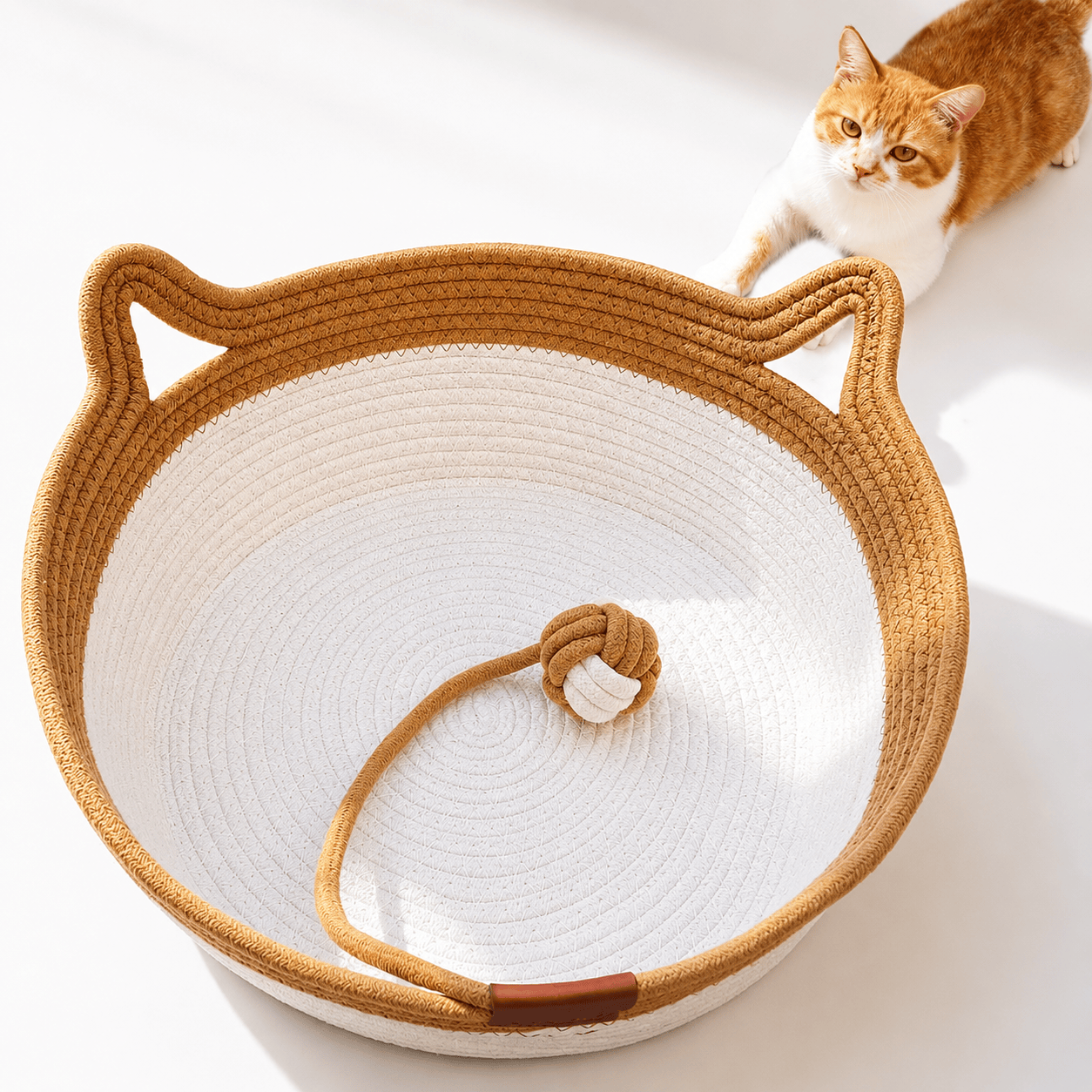 Handwoven Cotton Rope Cat Basket Bed with Scratcher and Hanging Toy