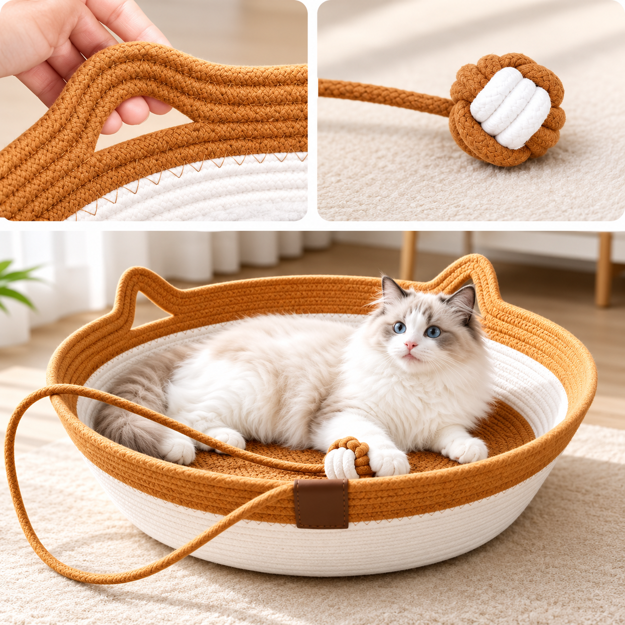 Handwoven Cotton Rope Cat Basket Bed with Scratcher and Hanging Toy