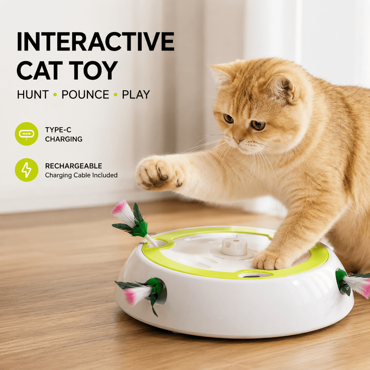 Interactive Feather Hunt Cat Toy & Rechargeable Multi-Speed Play