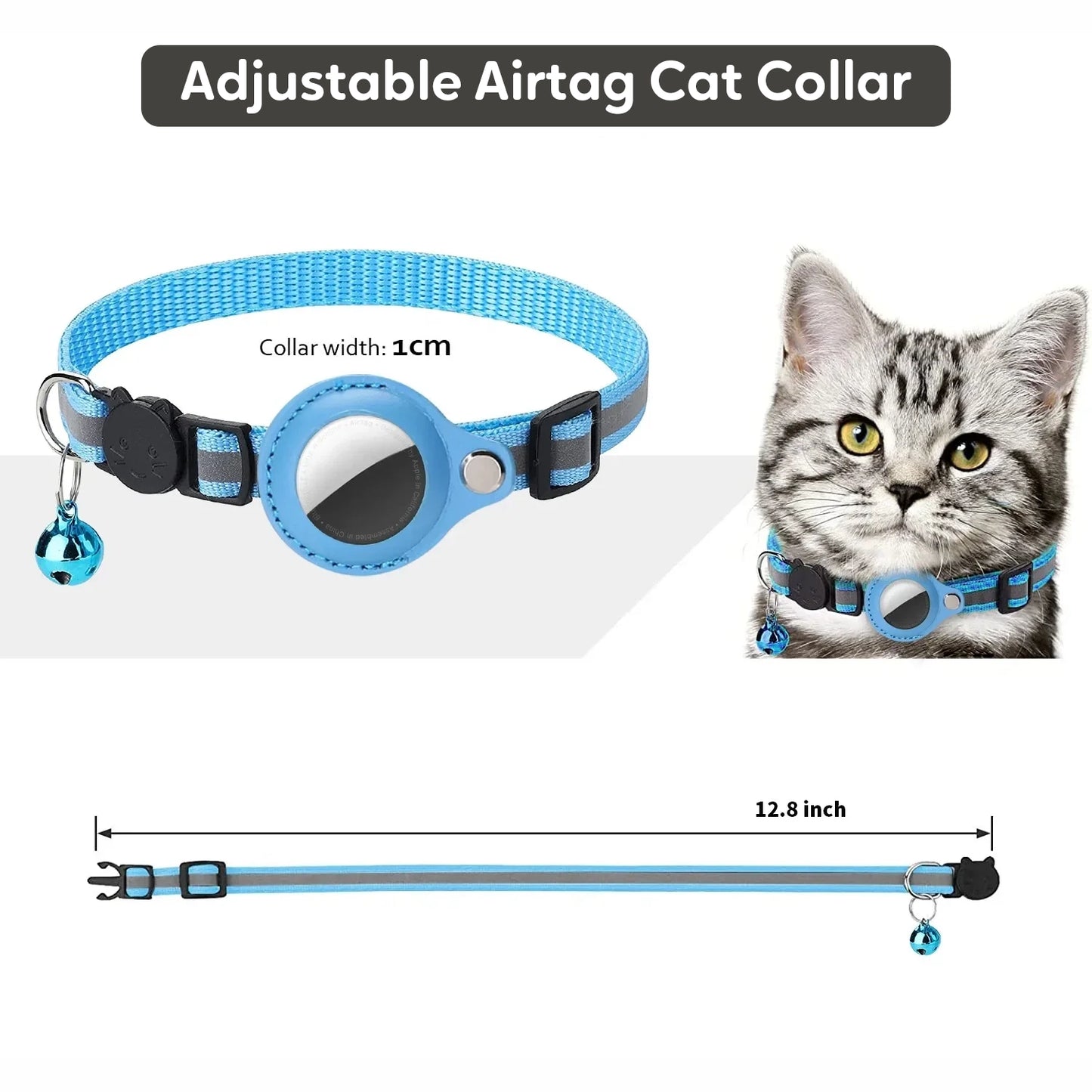Adjustable AirTag cat collar with reflective strap and secure holder