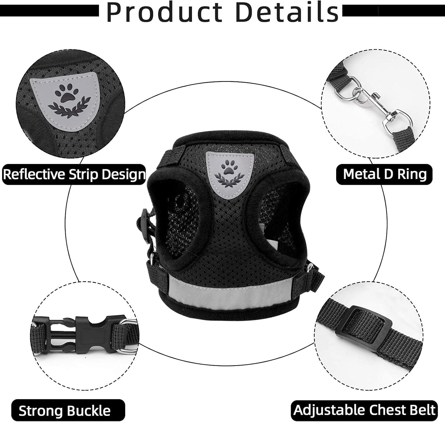 Adjustable cat harness with reflective strip, buckle and metal D-ring