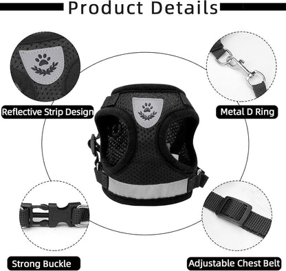 Adjustable cat harness with reflective strip, buckle and metal D-ring