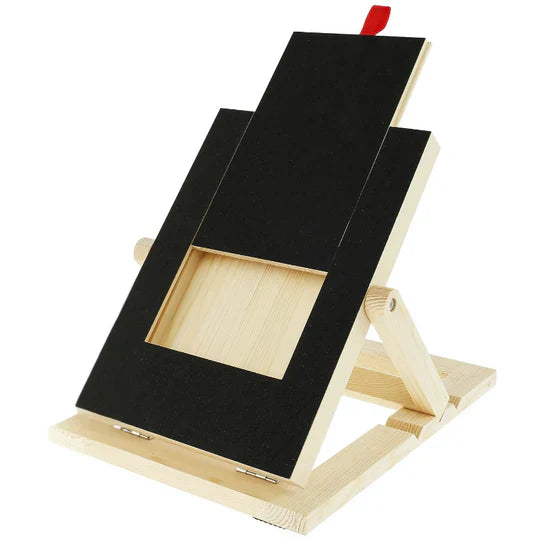 Adjustable dog nail scratch board with wooden frame and built in treat compartment on white background