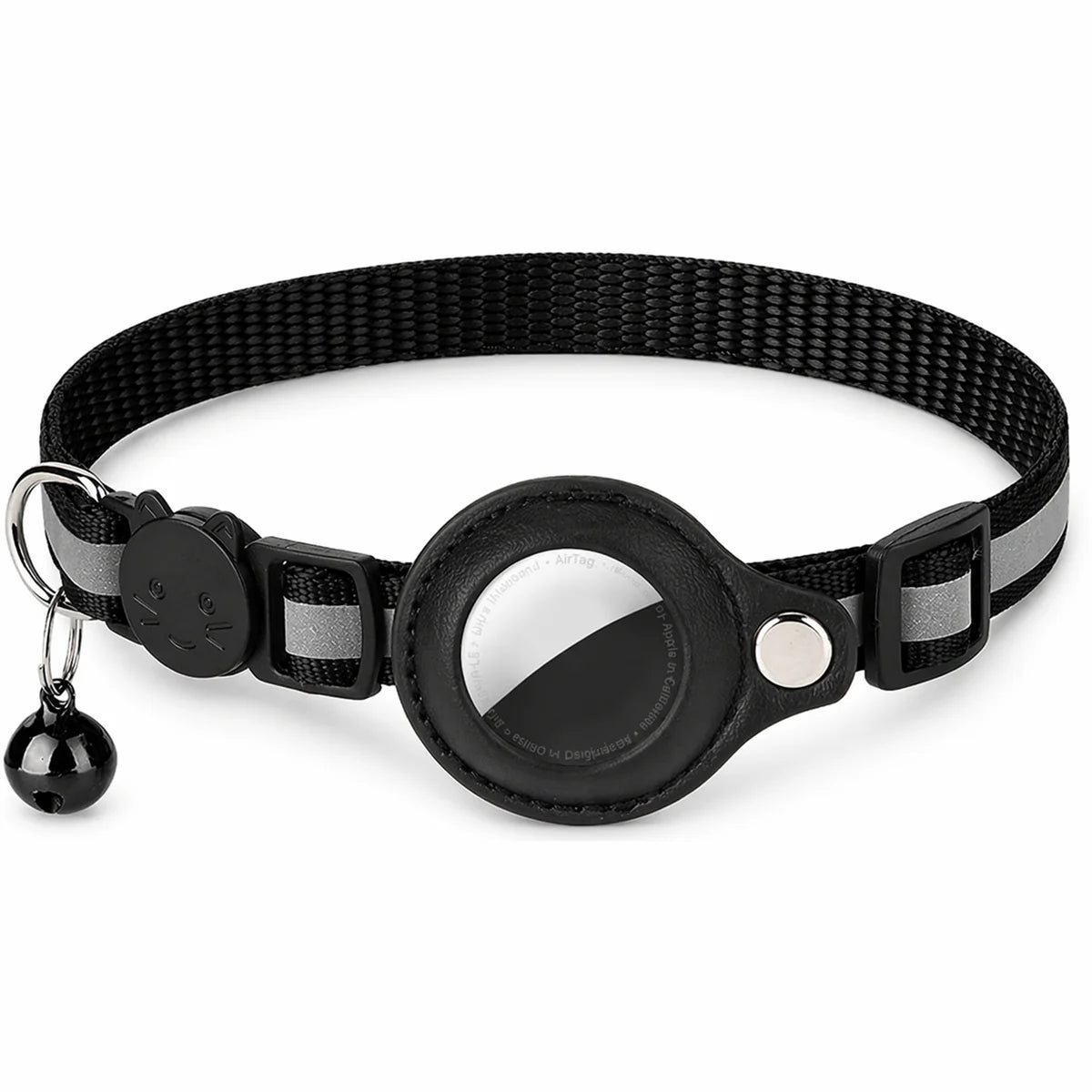 Black AirTag cat collar with reflective safety strap and secure holder