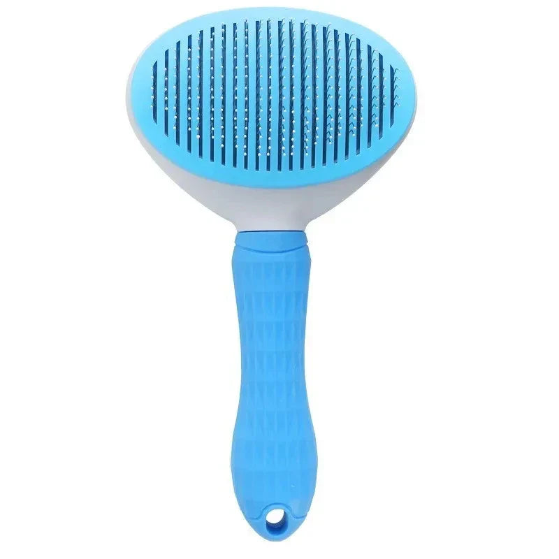 Blue self cleaning pet grooming brush