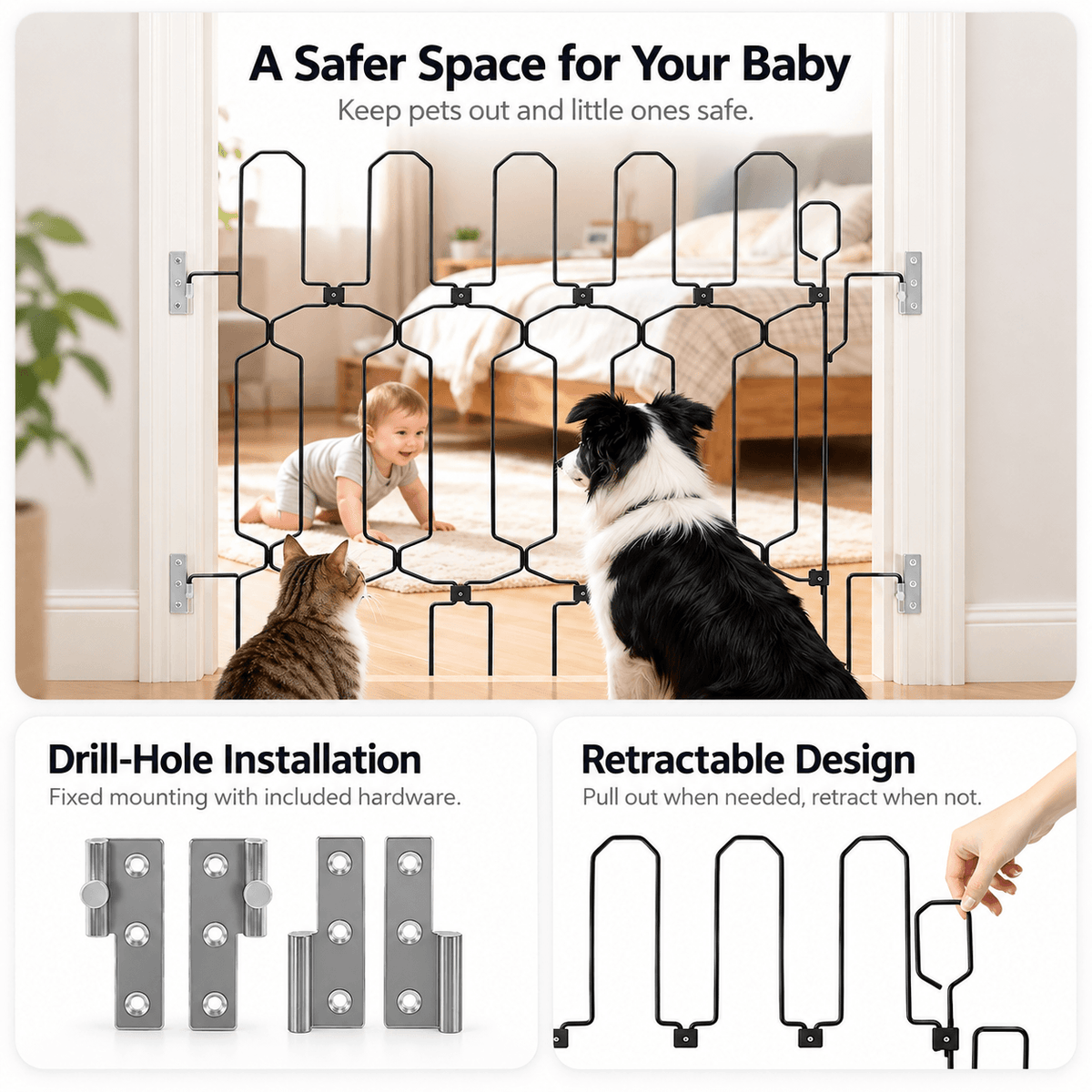 Retractable Dog Gate for Front Door & Tall Metal Pet Safety Barrier