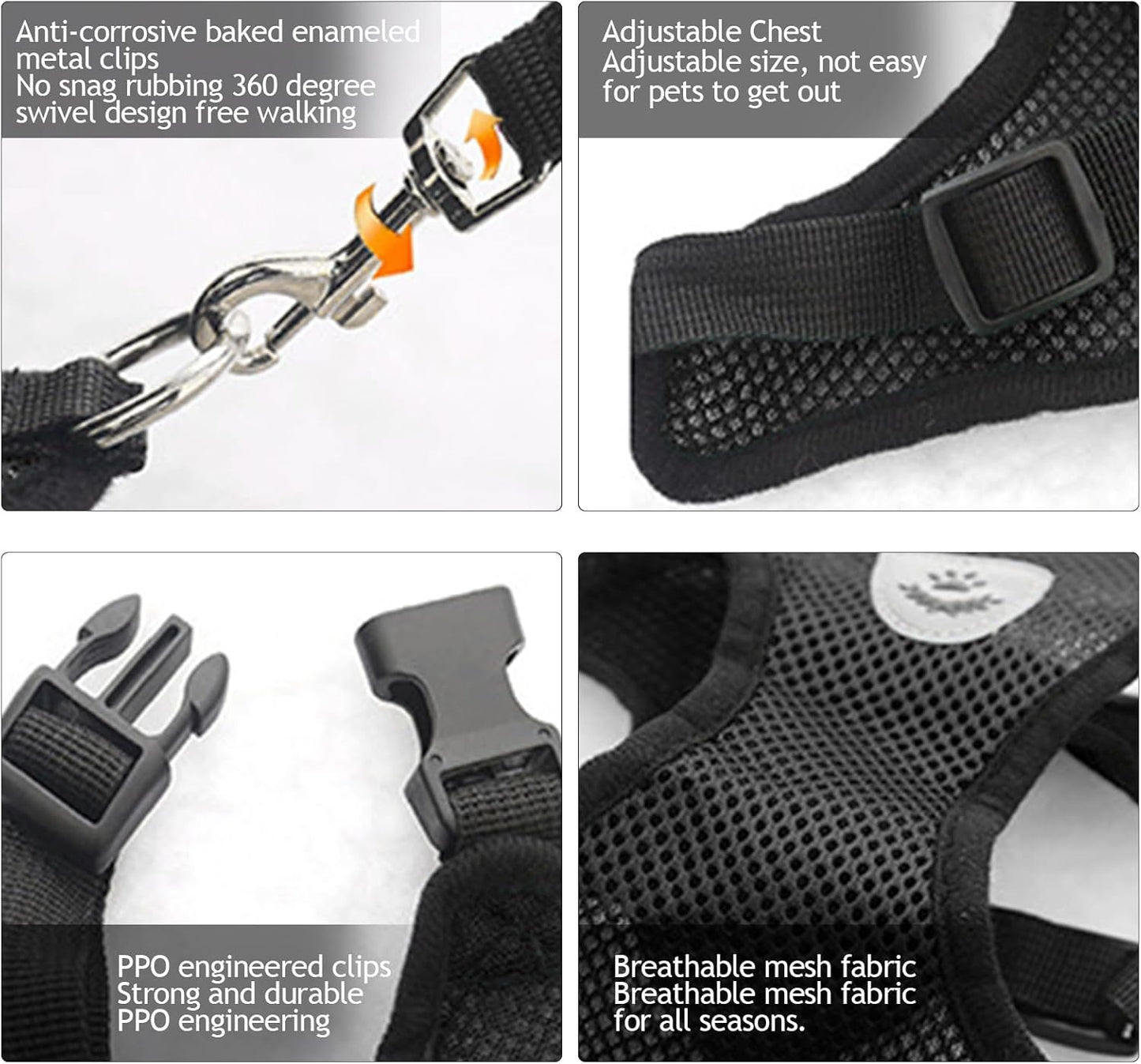 Durable buckle and breathable mesh fabric on adjustable pet harness