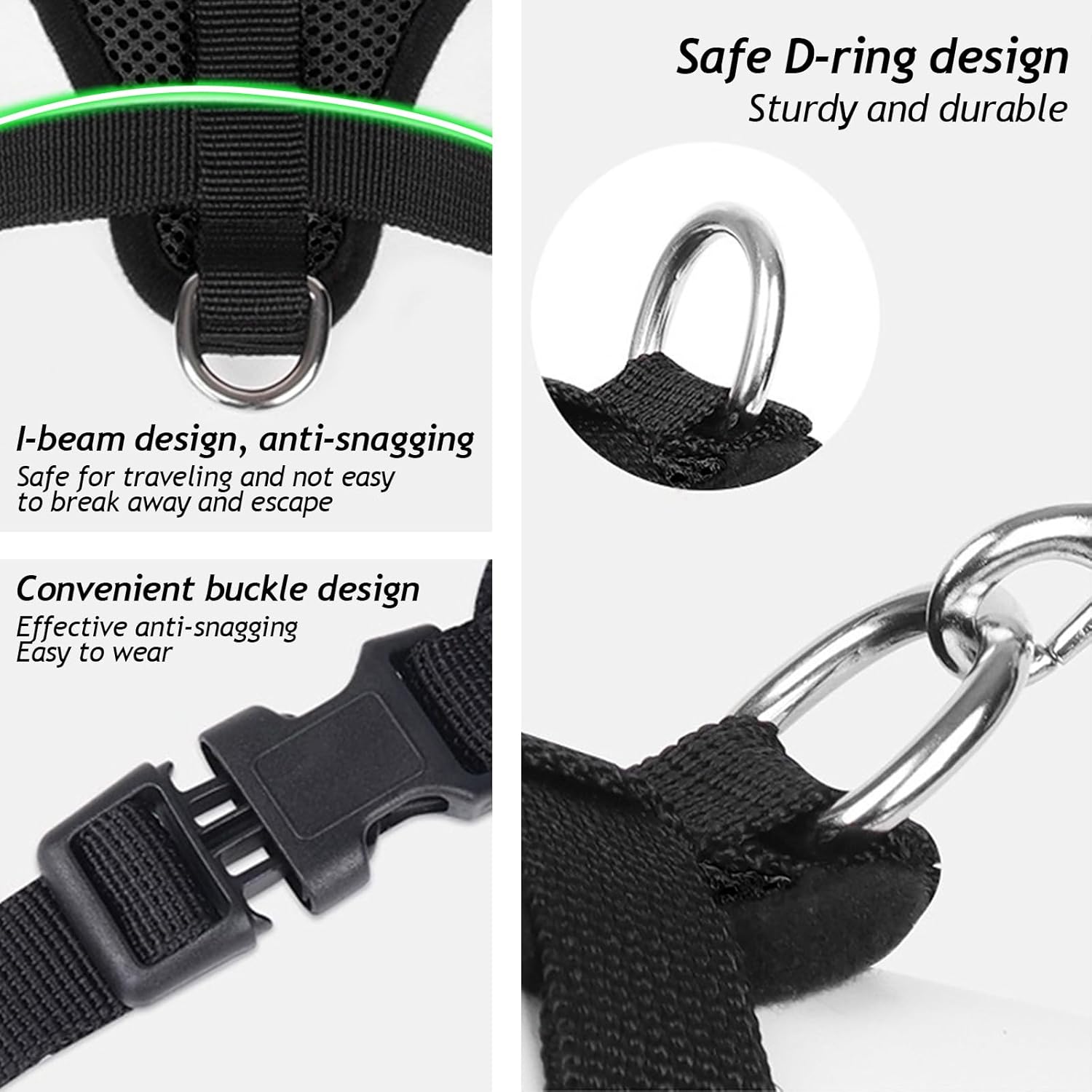 Strong metal D-ring and secure buckle system on cat harness