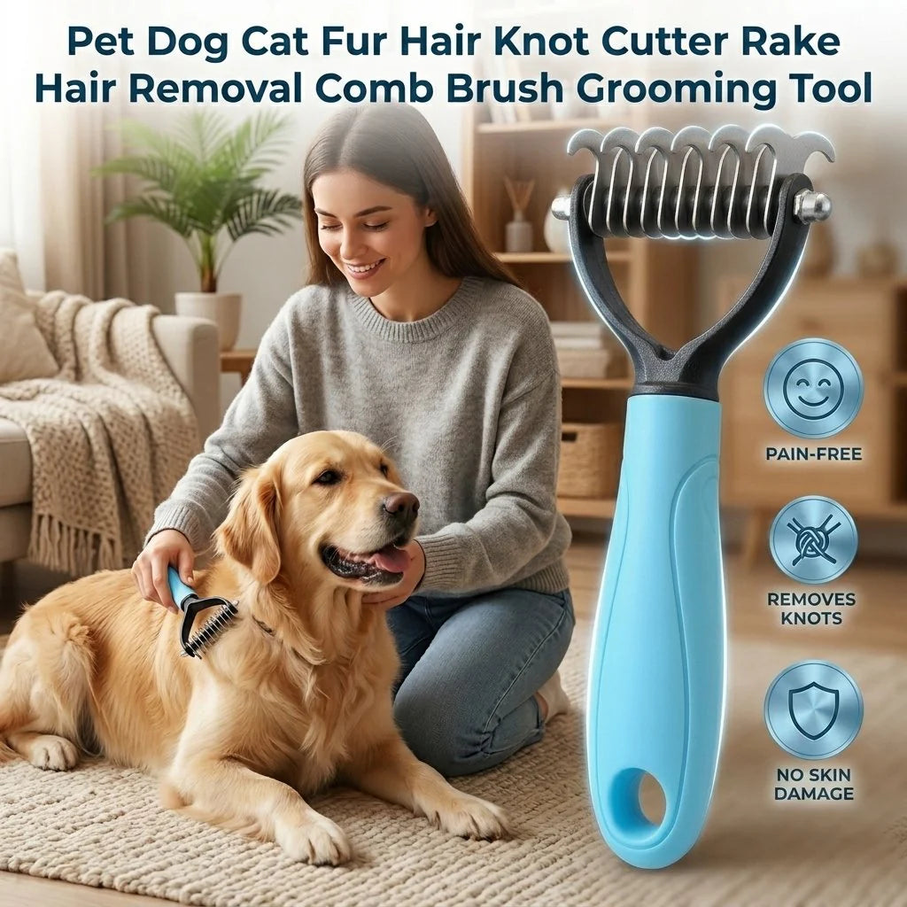 2-in-1 Double Sided Pet Dematting Comb for Cats & Dogs Stainless Steel Deshedding & Detangling Grooming Brush Removes Mats, Knots & Loose Fur Safe for Long & Short Hair