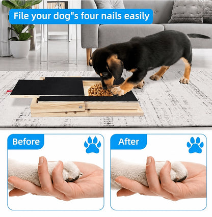 Dog nail scratch board showing before and after nail results with dog training scene and smiling dog portrait