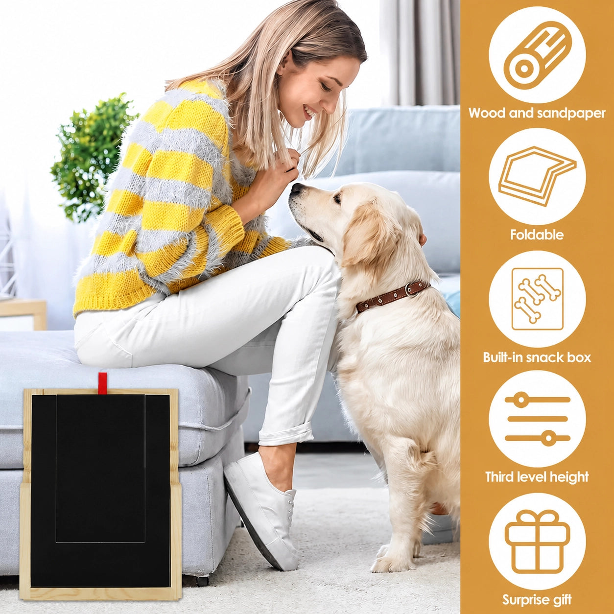 Dog nail scratch board feature infographic showing foldable design wood and sandpaper surface built in snack box and adjustable height