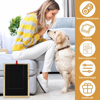 Dog nail scratch board feature infographic showing foldable design wood and sandpaper surface built in snack box and adjustable height