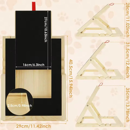 Dog nail scratch board size chart with board dimensions and three adjustable height settings