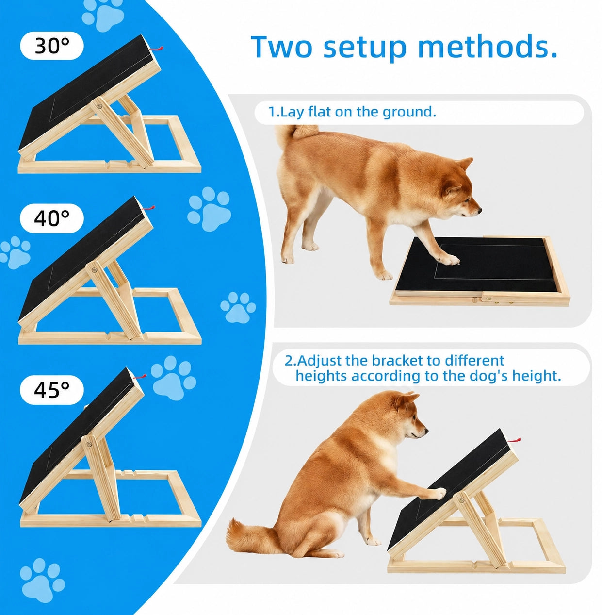 Adjustable dog nail scratch board showing two setup methods with flat mode and 30, 40 and 45 degree angle positions