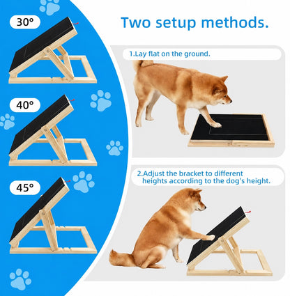 Adjustable dog nail scratch board showing two setup methods with flat mode and 30, 40 and 45 degree angle positions
