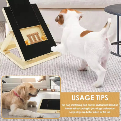 Dog nail scratch board usage tips showing upright use for small dogs and flat use for larger dogs