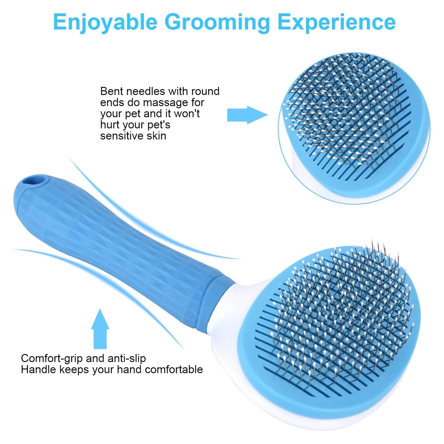 Gentle self cleaning pet brush with rounded stainless steel massage pins