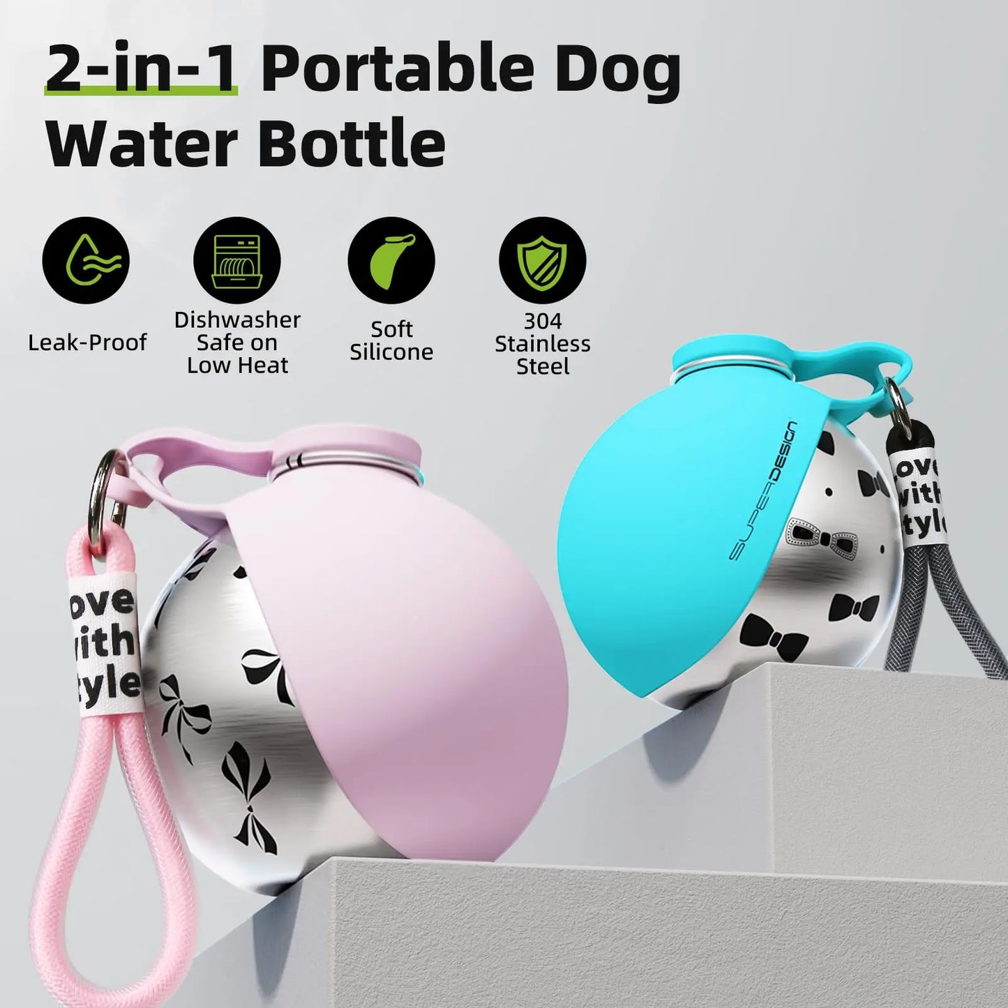 Tragbare Hunde-Wasserflasche 280ml Edelstahl Reise-Wasserspender für Hunde mit Napf Auslaufsichere Welpen-Wasserflasche zum Spazierengehen Wandern Kleine Hunde-Wasserflasche