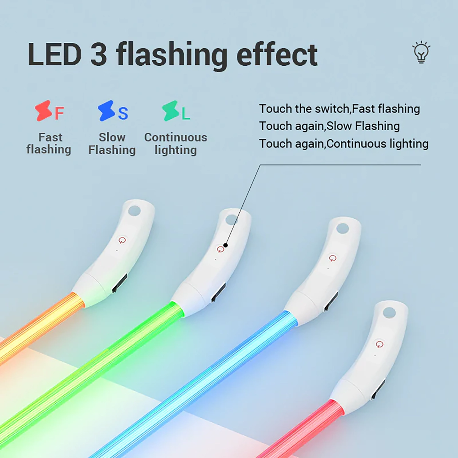 LED dog collar featuring fast flash slow flash and steady glow modes