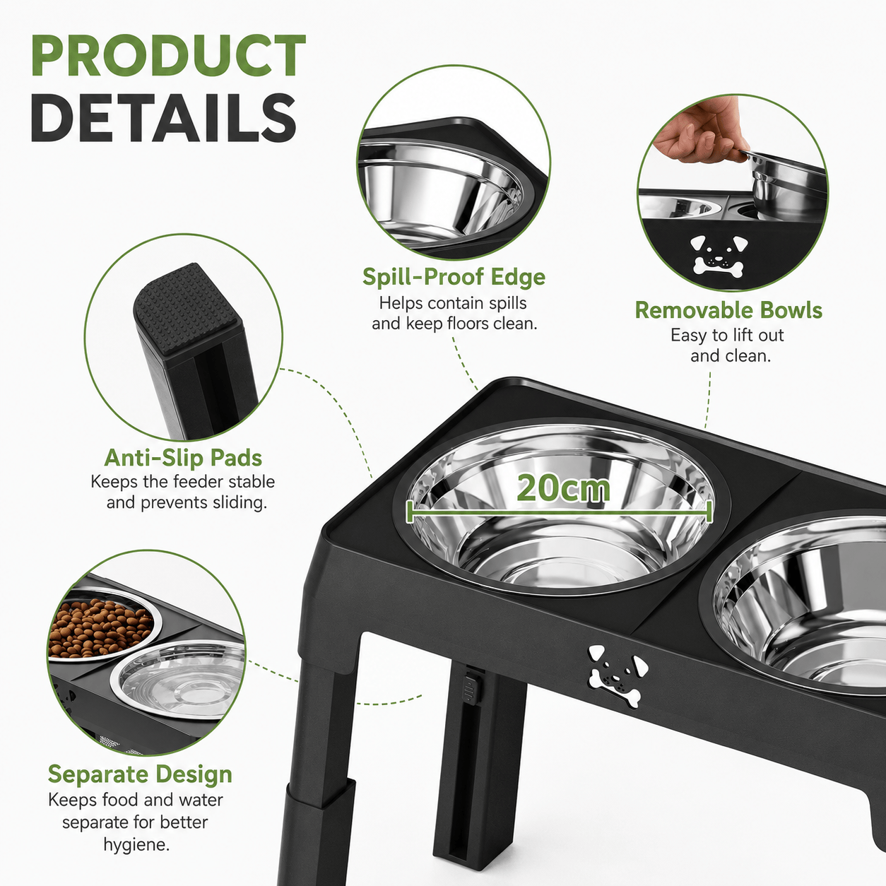 Noblias 5-height adjustable elevated stainless steel dog bowls with gray design for comfortable feeding.