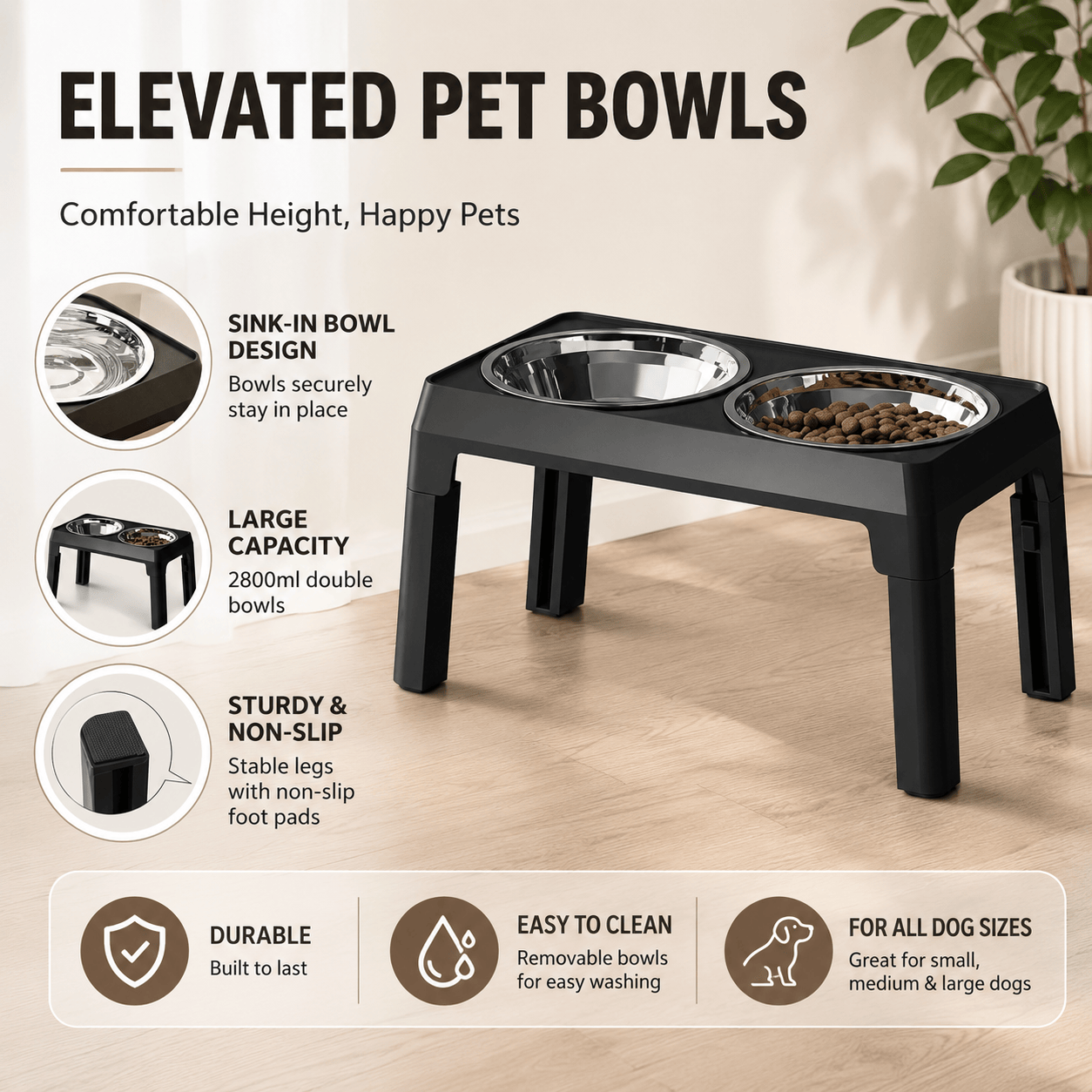 Gray stainless steel elevated dog bowls with five height adjustments for comfortable feeding by Noblias.