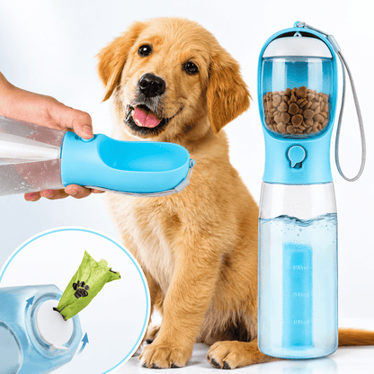 Light blue Noblias 3-in-1 dog water bottle with the drinking trough folded out, a food compartment on top and a poop bag roll inside.