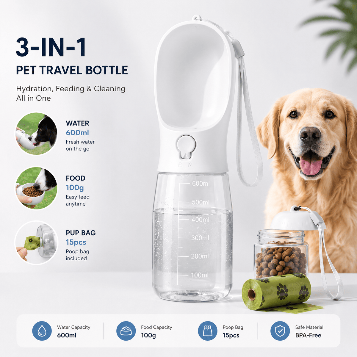 Capacity chart for the Noblias 3-in-1 pet travel bottle: 600 ml water, 100 g food and 15 poop bags included.