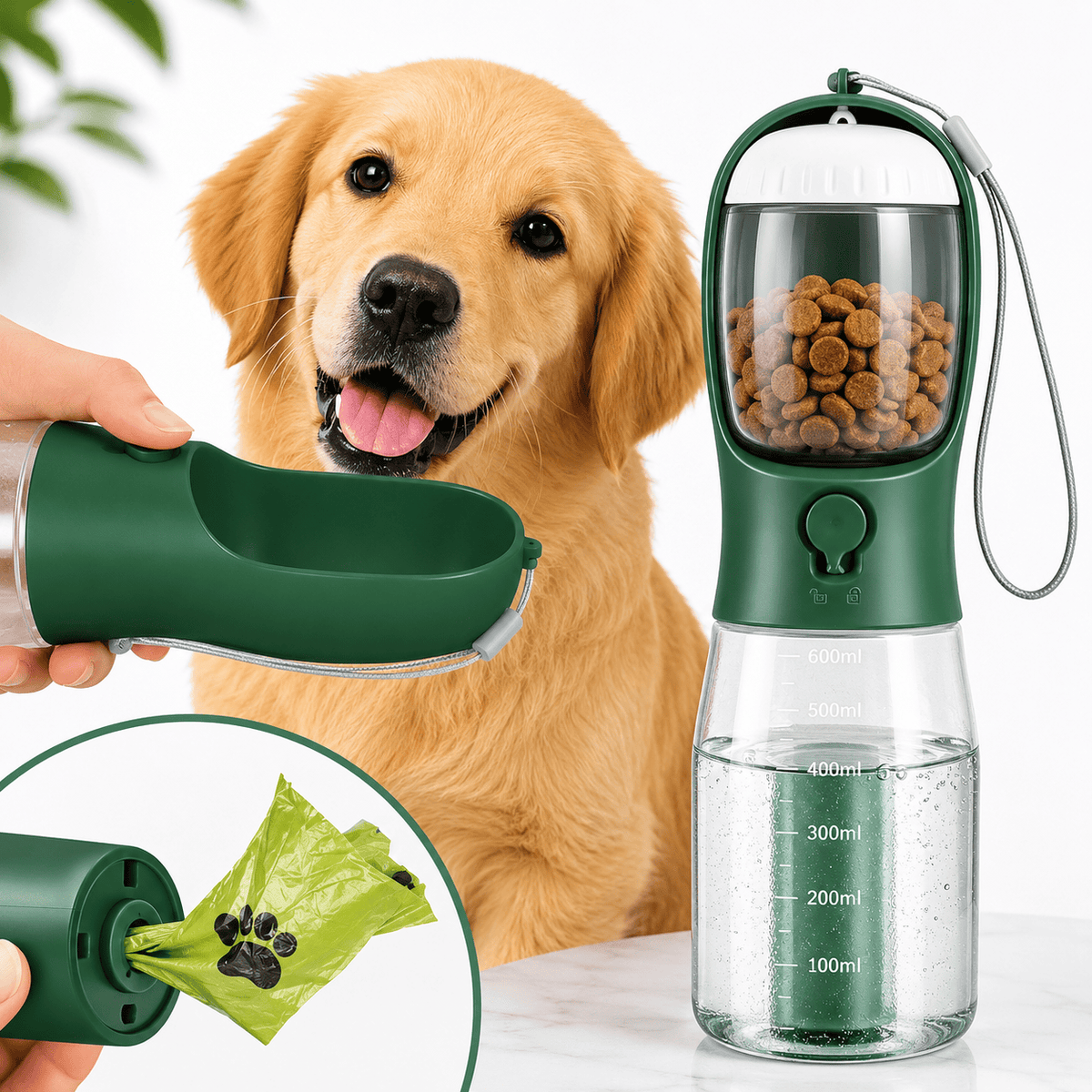 Dark green Noblias 3-in-1 dog water bottle with a poop bag being pulled from the built-in holder.