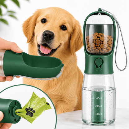 Dark green Noblias 3-in-1 dog water bottle with a poop bag being pulled from the built-in holder.
